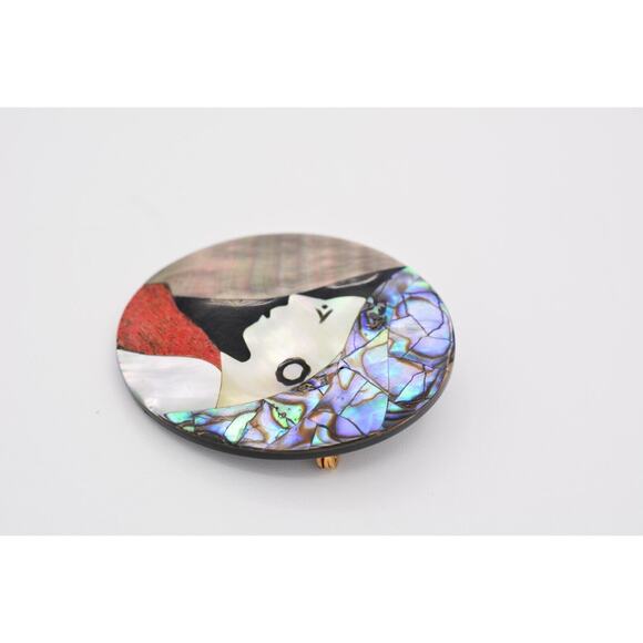 Vintage Cameo Pin Abalone Shell Inlay Woman Profile Mother's Day Artistic BinV - Picture 7 of 12